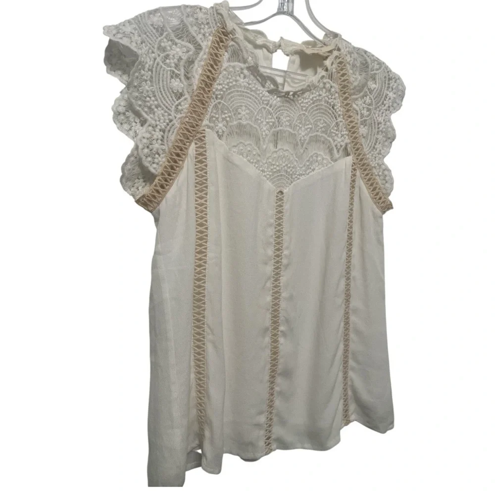 Anthropologie En Elly White Tan Lace Blouse Cottage Romantic Size XS - Picture 2 of 9